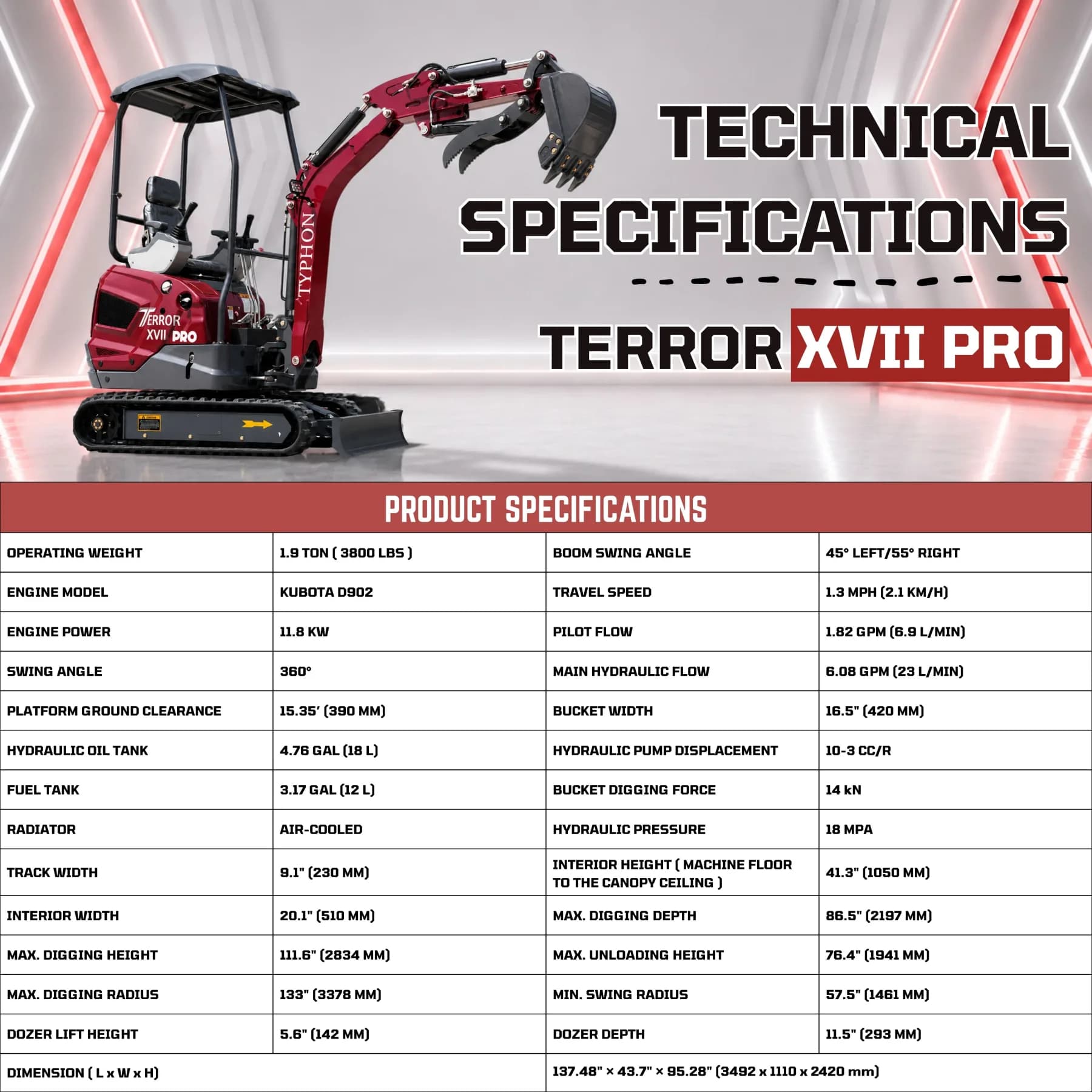TYPHON TERROR XVII PRO 3800 lbs Mini Excavator Kubota Diesel, Hydraulic Thumb, Dozer Blade & Boom Swing View 2