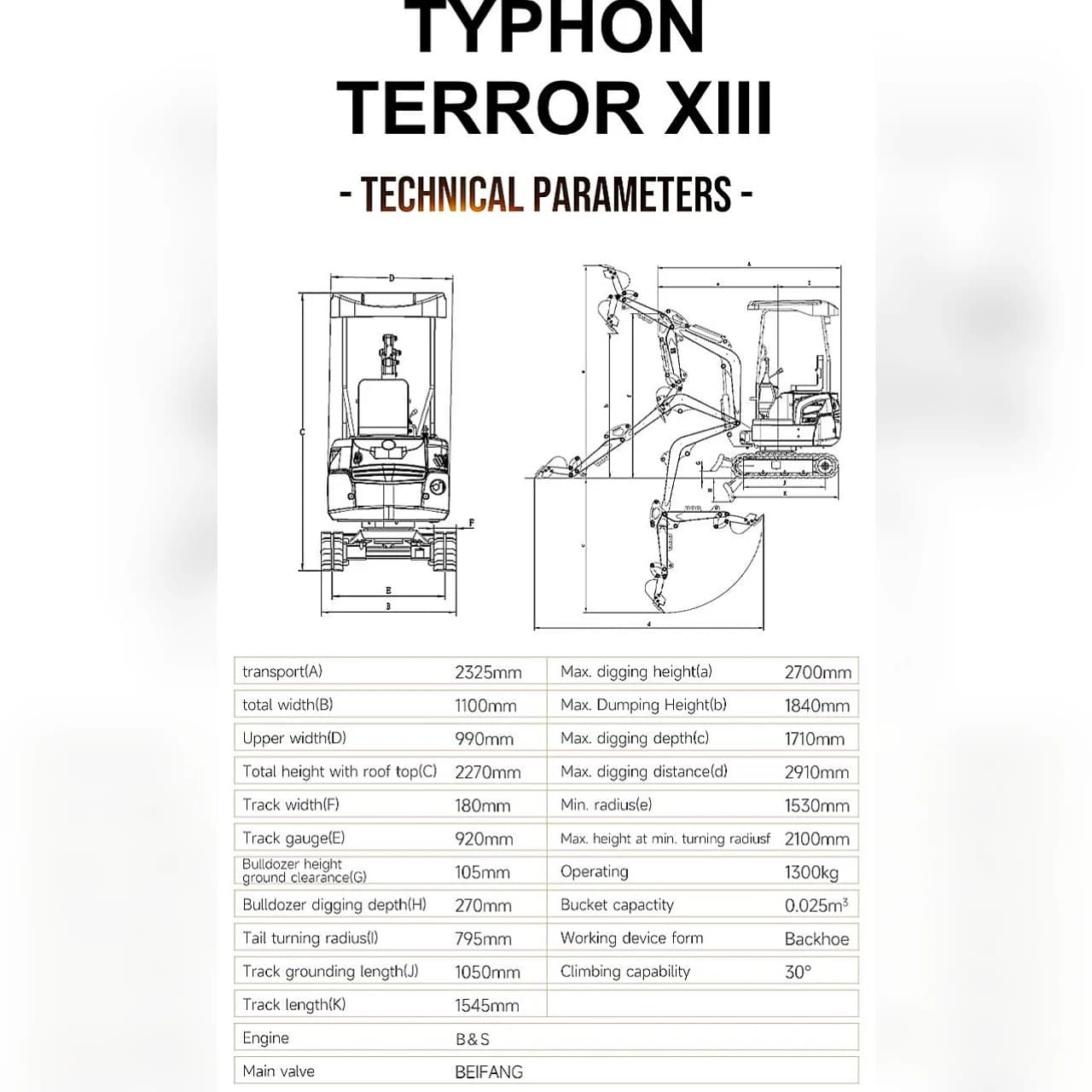 TYPHON TERROR XIII Mini Excavator – 1.3 Ton Trench Digger with Canopy, Hydraulic Thumb Clip, 13.5hp B&S Engine USA View 2