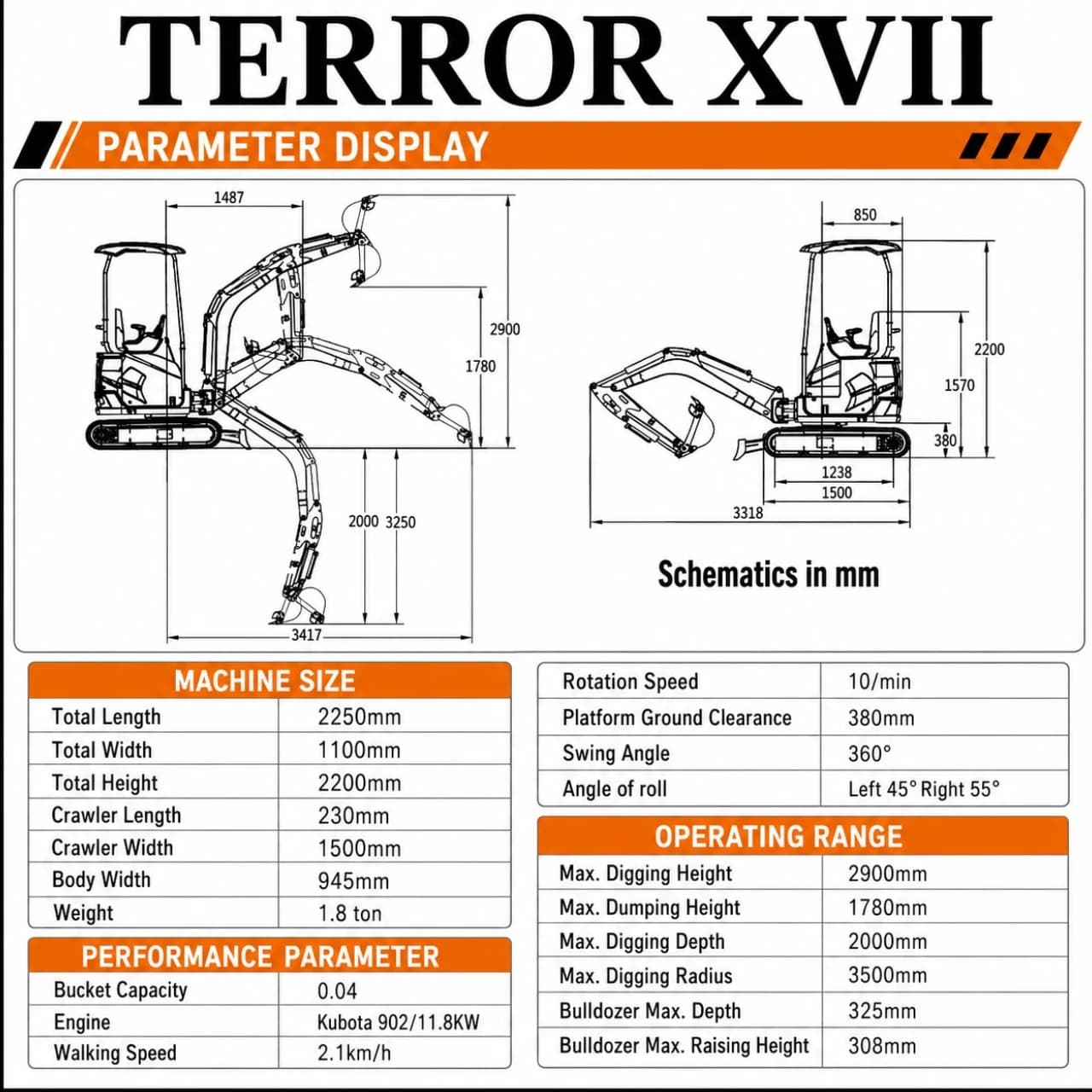 2025 4,000 lb TYPHON TERROR XVII Cabin Mini Excavator Rubber Track with Kubota D902 Diesel Engine USA View 2