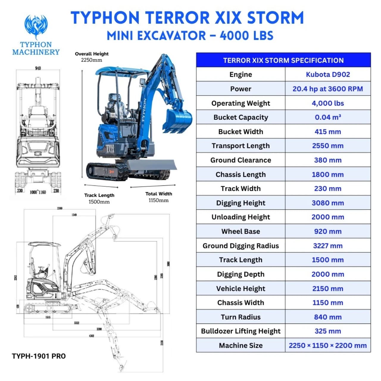 TYPHON TERROR XIX STORM Mini Excavator – 4000lbs Trench Digger with Boom Swing, Canopy, Retractable Tracks View 2