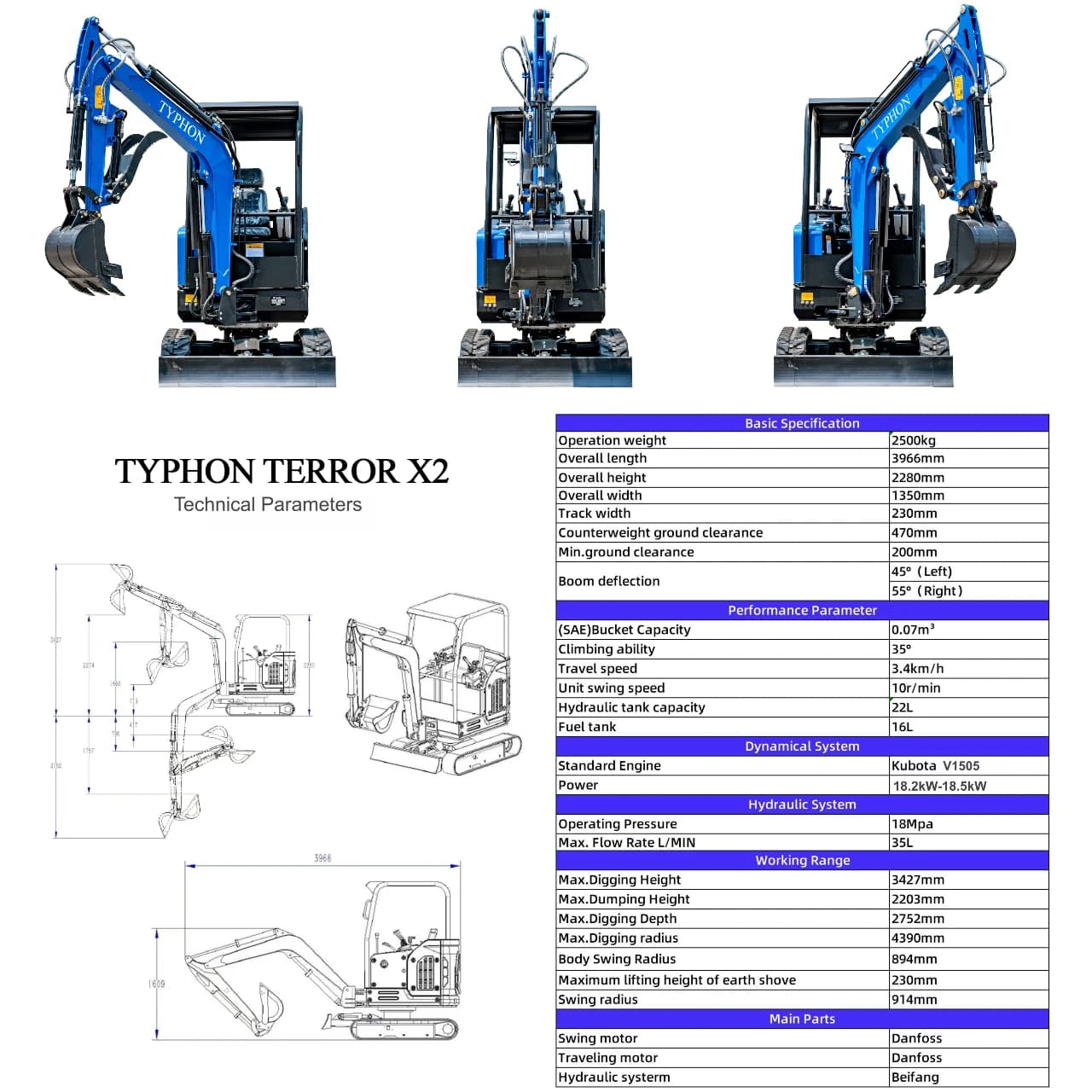 TYPHON TERROR X2 STORM Mini Excavator 2.5 Ton Diesel Kubota V1505 Engine USA View 2