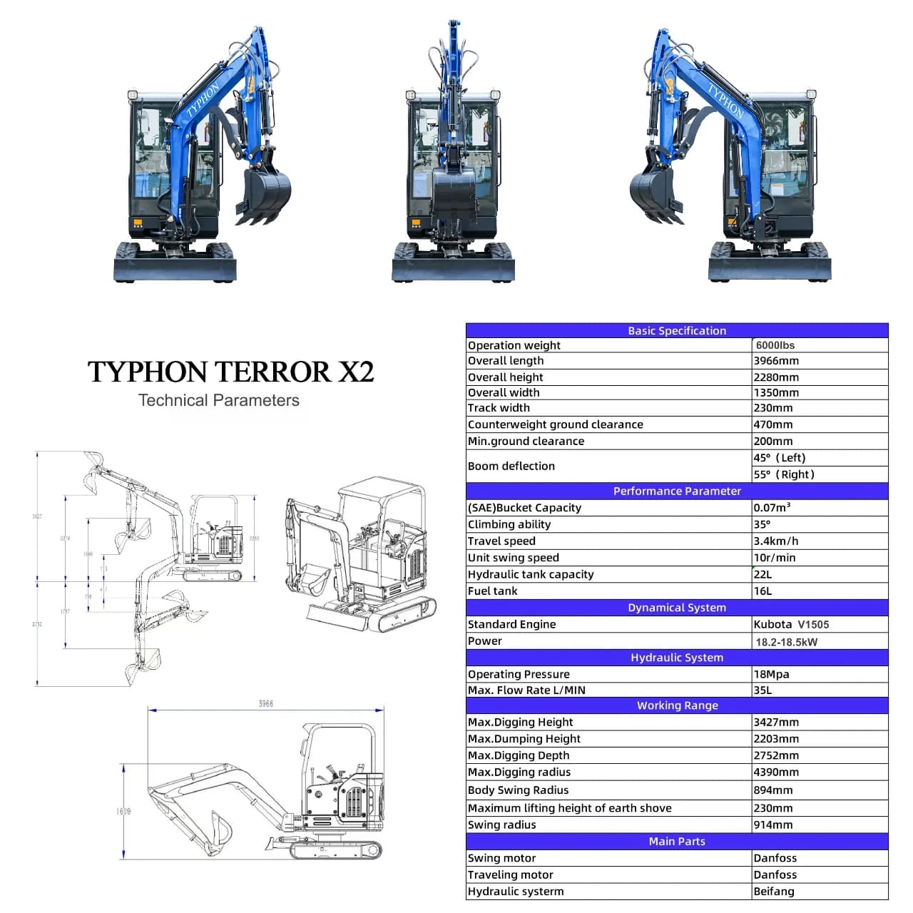 TYPHON TERROR X2 Mini Excavator 2.7 Ton EPA Diesel Kubota V1505 Engine USA View 2