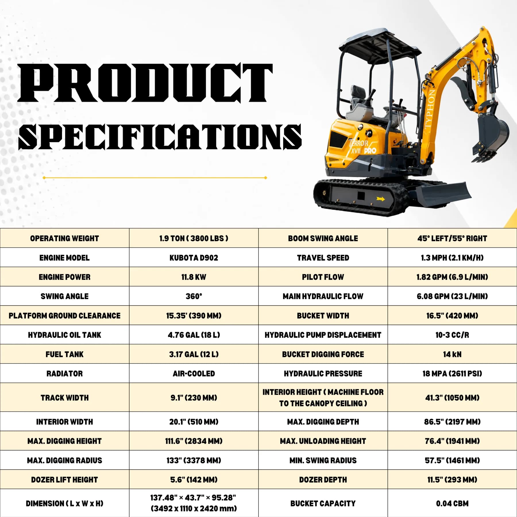 TYPHON TERROR XVII PRO 3800 lb Mini Excavator, Kubota D902 Diesel, Hydraulic Thumb, Pilot Controls, 14kN Dig Force View 2