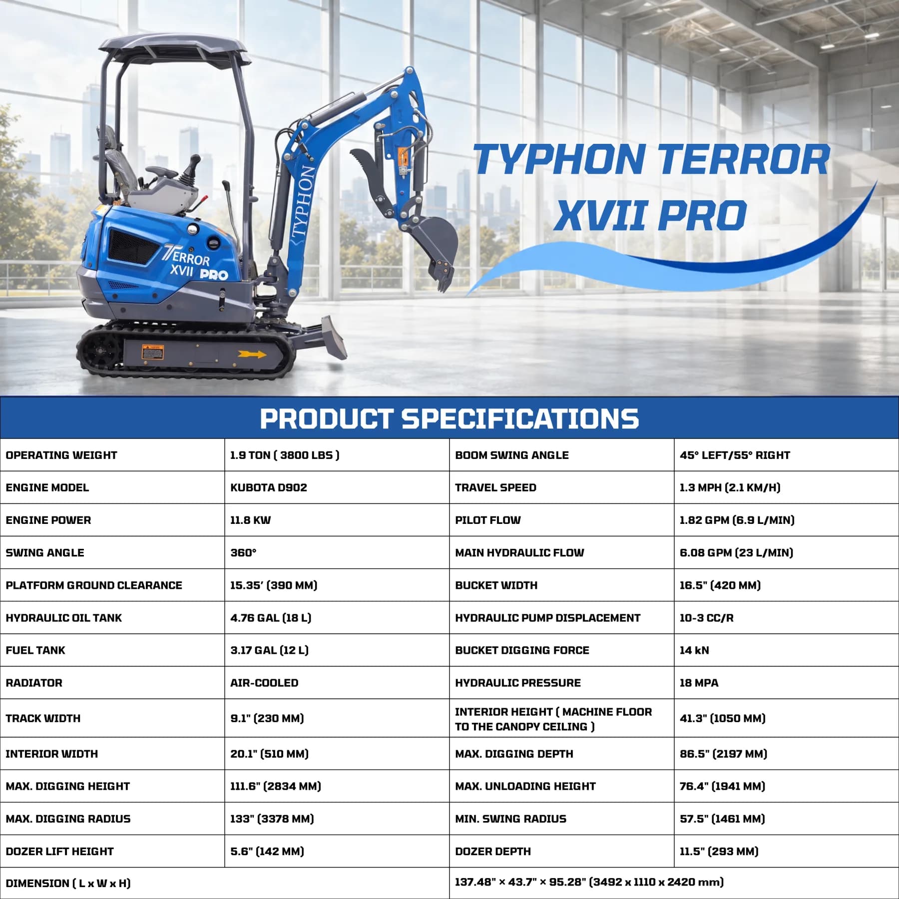 New TYPHON TERROR XVII PRO 3800 lb Mini Excavator – Kubota Diesel, Premium Hydraulics, 14kN Dig Force, Boom Swing View 2