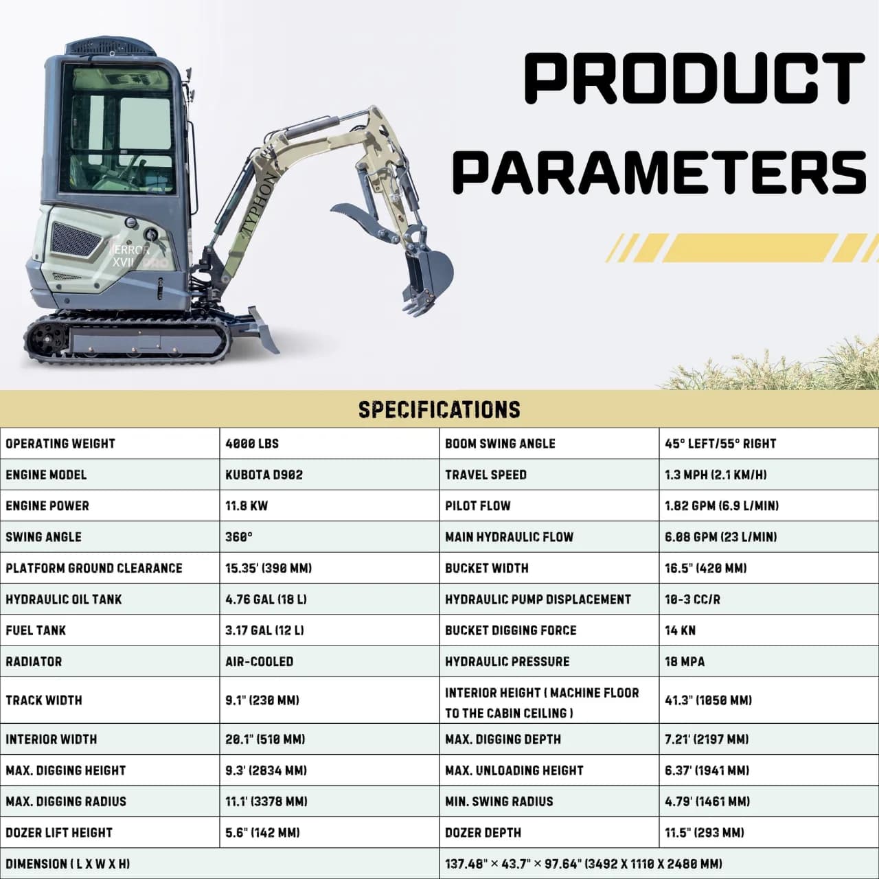 TYPHON TERROR XVII PRO Prestige 4,000 lb Mini Excavator – Kubota D902, Boom Swing & AC/Heat — view 2
